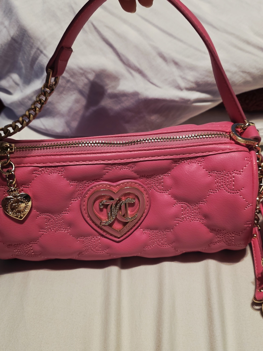 Juicy Couture Pink Quilted Heart-Accent Barrel Shoulder Bag With Pouch